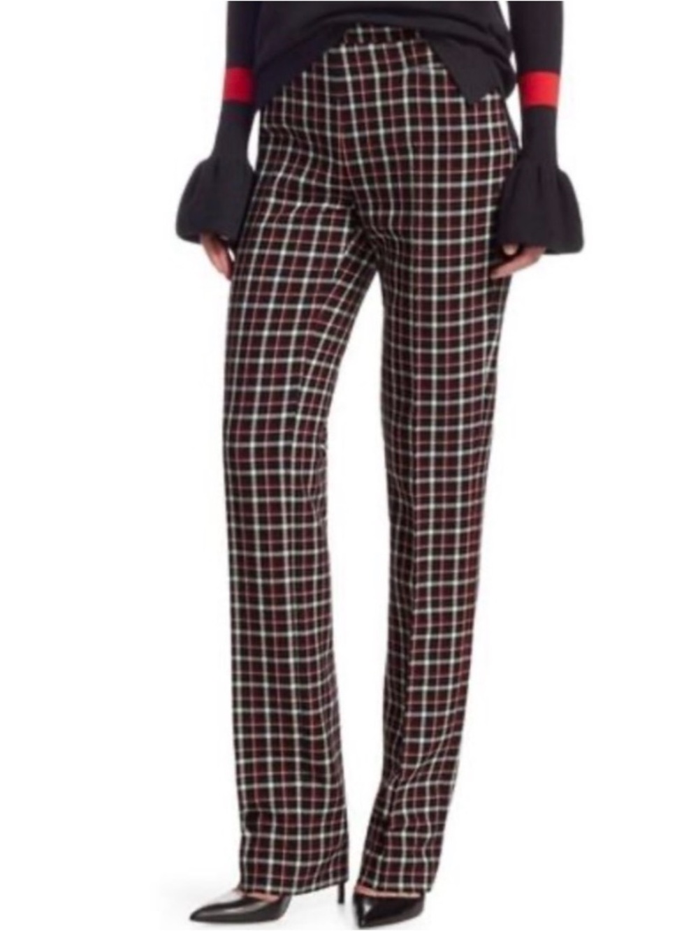 AKRIS PUNTO Glen Plaid Francoise Trousers Size 4 Black/Lipstick Red/Cream